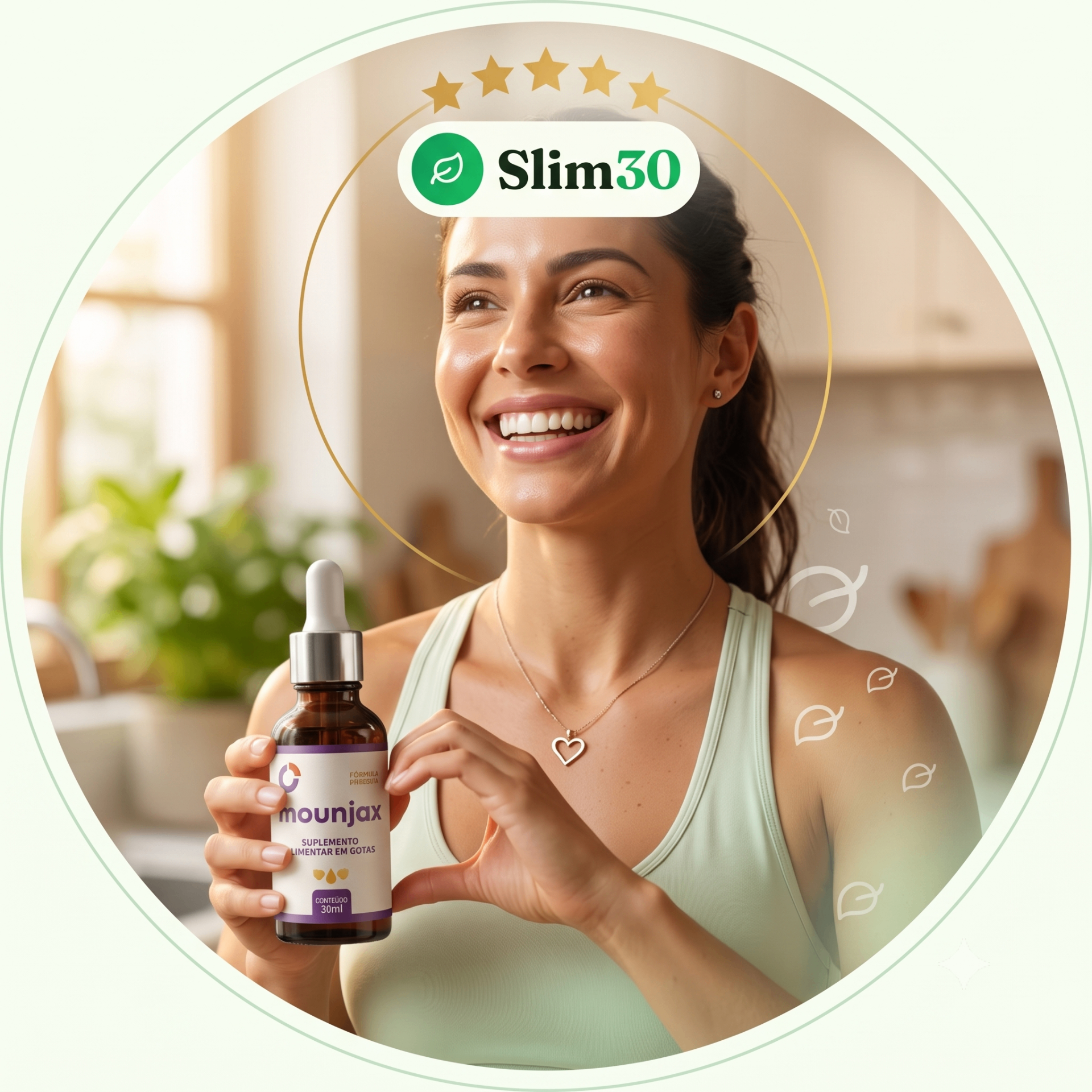 Mulher sorrindo segurando o suplemento Mounjax em uma composição circular com estrelas e logo Slim30